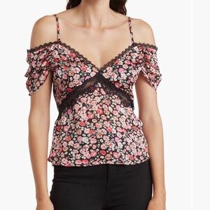 Lush Black Floral Cold-Shoulder Lace Trim Blouse